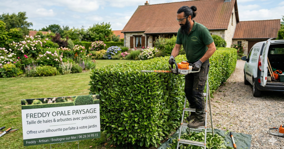Freddy de l'entreprise Opale Paysage taillant une haie avec précision à Outreau, devant une maison en pierre.