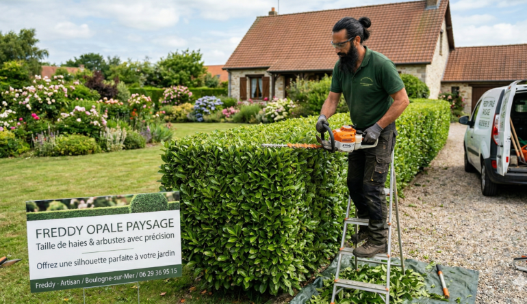 Freddy de l'entreprise Opale Paysage taillant une haie avec précision à Outreau, devant une maison en pierre.