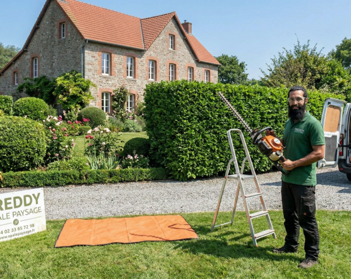 Résultat d'une taille de haie parfaitement rectiligne et sculptée par Freddy de l'entreprise Opale Paysage à Boulogne-sur-Mer.